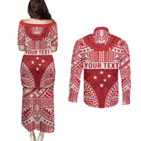 Personalised Toa Samoa Rugby Spirit Couples Matching Puletasi and Long Sleeve Button Shirt Red Samoan Tribal Pattern - Polynesian Pride