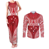 Personalised Toa Samoa Rugby Spirit Couples Matching Tank Maxi Dress and Long Sleeve Button Shirt Red Samoan Tribal Pattern LT9 Red - Polynesian Pride