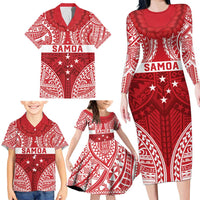 Personalised Toa Samoa Rugby Spirit Family Matching Long Sleeve Bodycon Dress and Hawaiian Shirt Red Samoan Tribal Pattern - Polynesian Pride