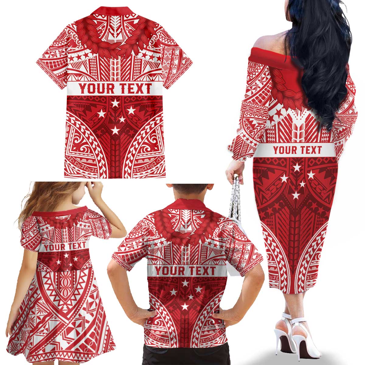 Personalised Toa Samoa Rugby Spirit Family Matching Off The Shoulder Long Sleeve Dress and Hawaiian Shirt Red Samoan Tribal Pattern - Polynesian Pride