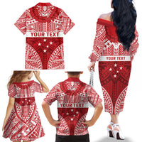 Personalised Toa Samoa Rugby Spirit Family Matching Off The Shoulder Long Sleeve Dress and Hawaiian Shirt Red Samoan Tribal Pattern - Polynesian Pride