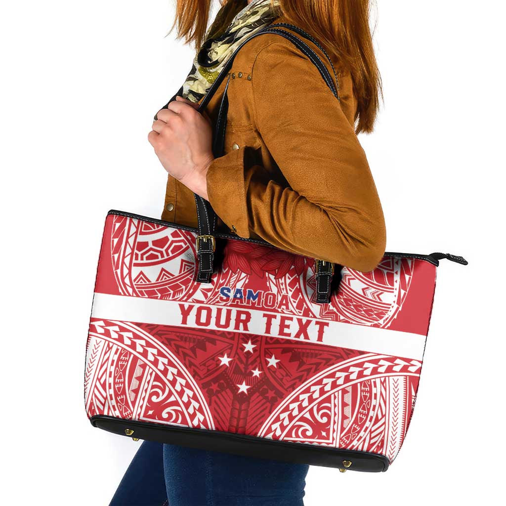 Personalised Toa Samoa Rugby Spirit Leather Tote Bag Red Samoan Tribal Pattern - Polynesian Pride