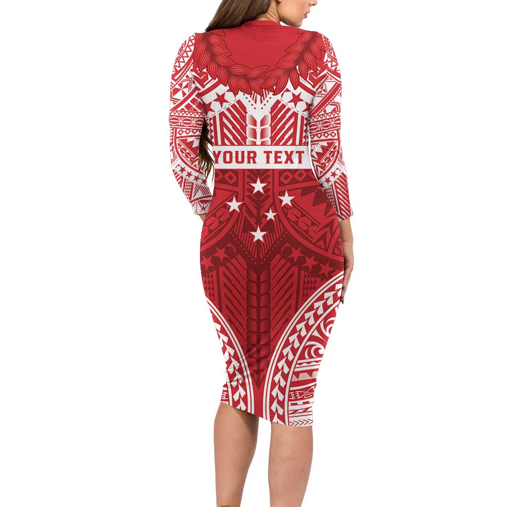 Personalised Toa Samoa Rugby Spirit Long Sleeve Bodycon Dress Red Samoan Tribal Pattern - Polynesian Pride