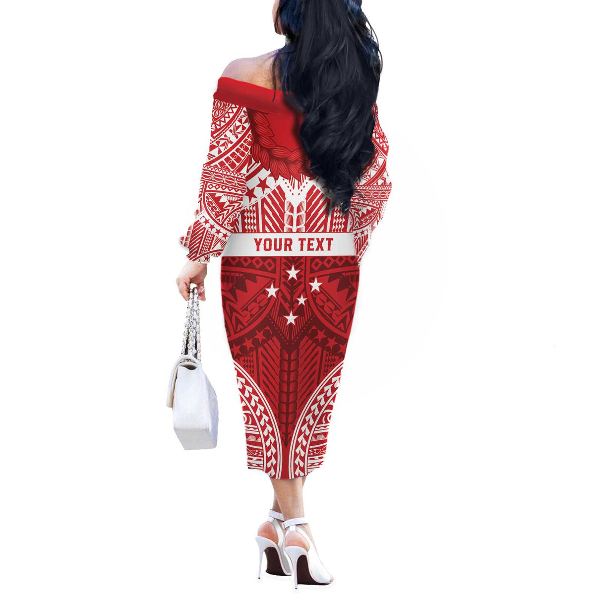 Personalised Toa Samoa Rugby Spirit Off The Shoulder Long Sleeve Dress Red Samoan Tribal Pattern - Polynesian Pride