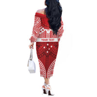 Personalised Toa Samoa Rugby Spirit Off The Shoulder Long Sleeve Dress Red Samoan Tribal Pattern - Polynesian Pride