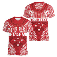 Personalised Toa Samoa Rugby Spirit Women V-Neck T-Shirt Red Samoan Tribal Pattern - Polynesian Pride