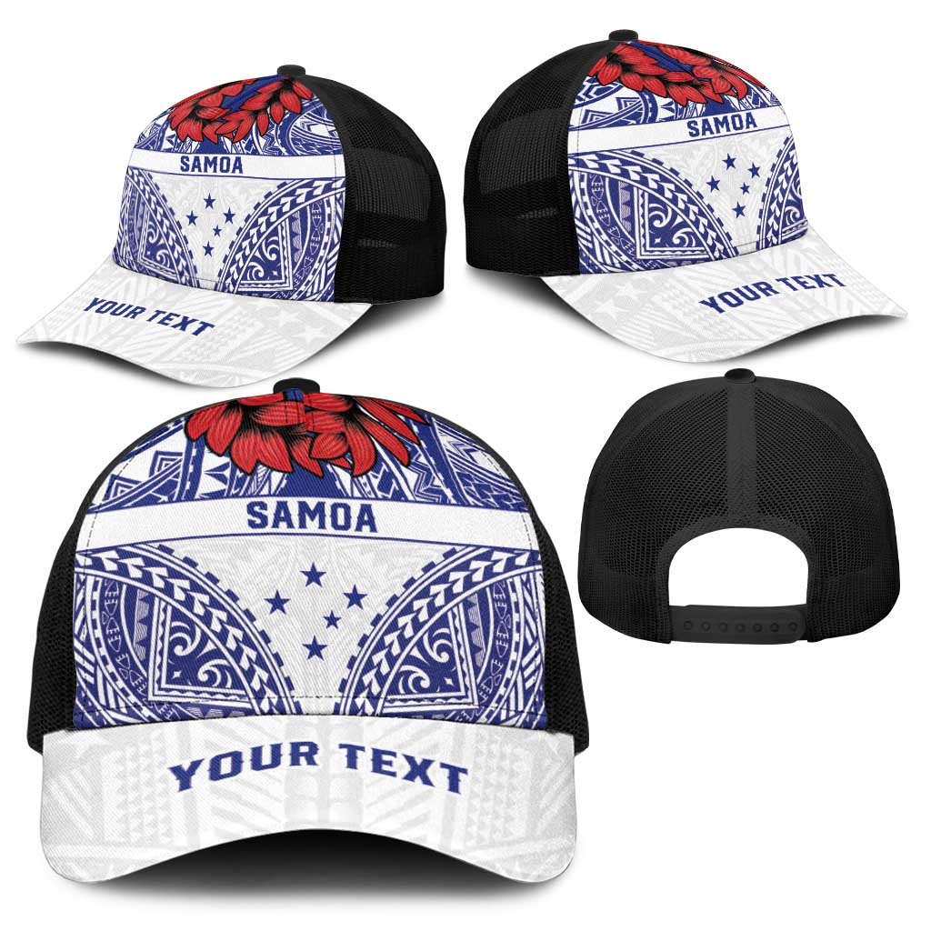 Personalised Toa Samoa Rugby Spirit Baseball Net Cap White Samoan Tribal Pattern - Polynesian Pride
