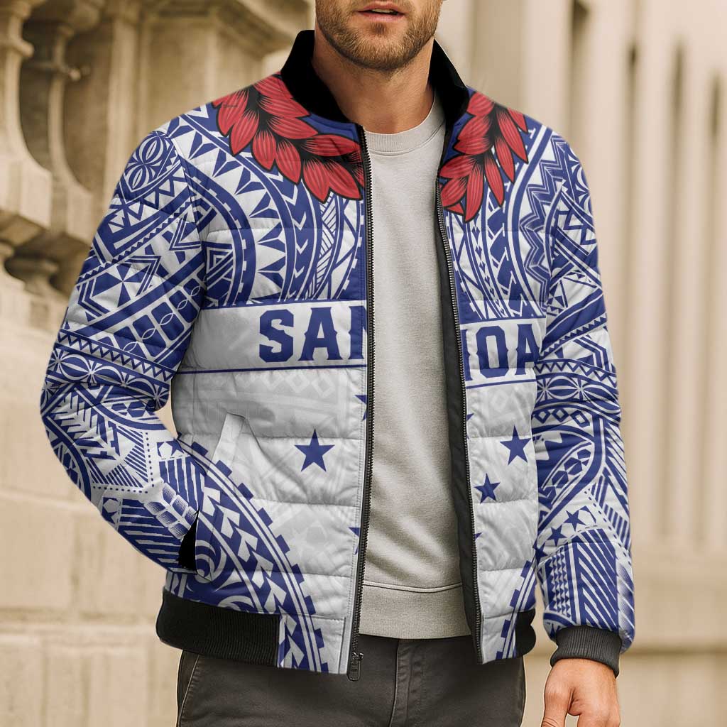 Personalised Toa Samoa Rugby Spirit Bomber Puffer Jacket White Samoan Tribal Pattern - Polynesian Pride