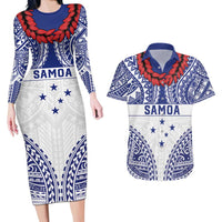 Personalised Toa Samoa Rugby Spirit Couples Matching Long Sleeve Bodycon Dress and Hawaiian Shirt White Samoan Tribal Pattern - Polynesian Pride