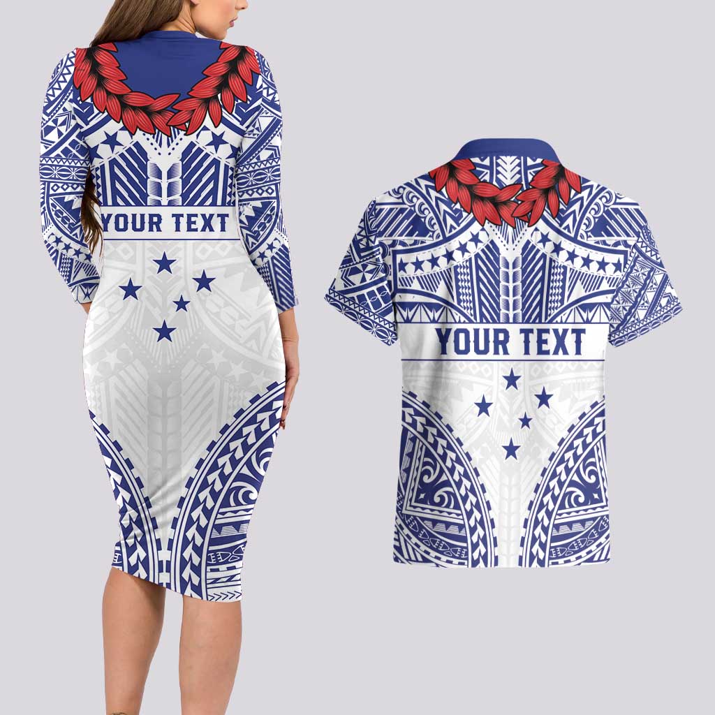 Personalised Toa Samoa Rugby Spirit Couples Matching Long Sleeve Bodycon Dress and Hawaiian Shirt White Samoan Tribal Pattern - Polynesian Pride