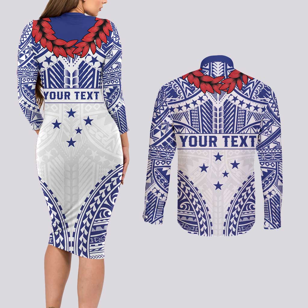 Personalised Toa Samoa Rugby Spirit Couples Matching Long Sleeve Bodycon Dress and Long Sleeve Button Shirt White Samoan Tribal Pattern - Polynesian Pride