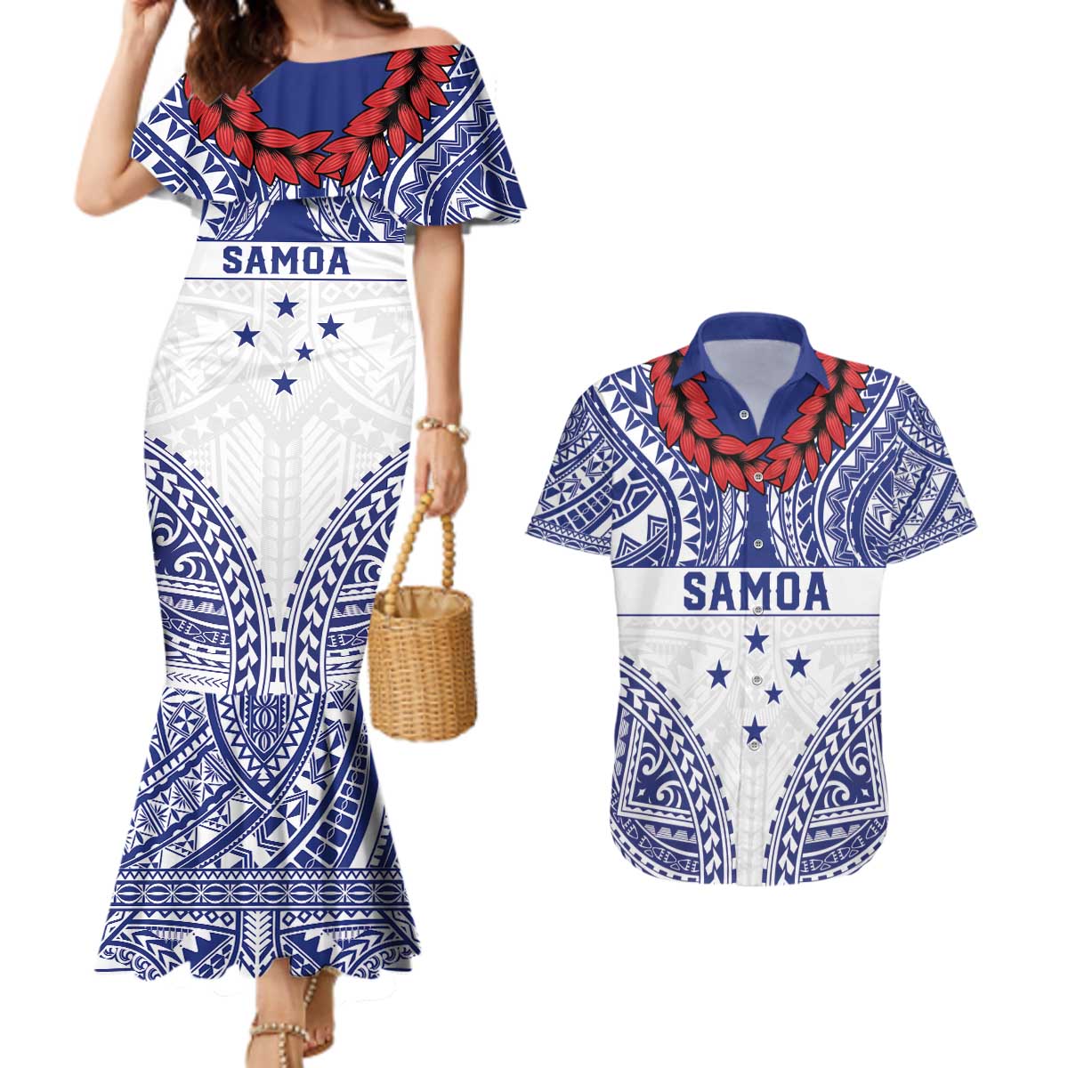 Personalised Toa Samoa Rugby Spirit Couples Matching Mermaid Dress and Hawaiian Shirt White Samoan Tribal Pattern - Polynesian Pride