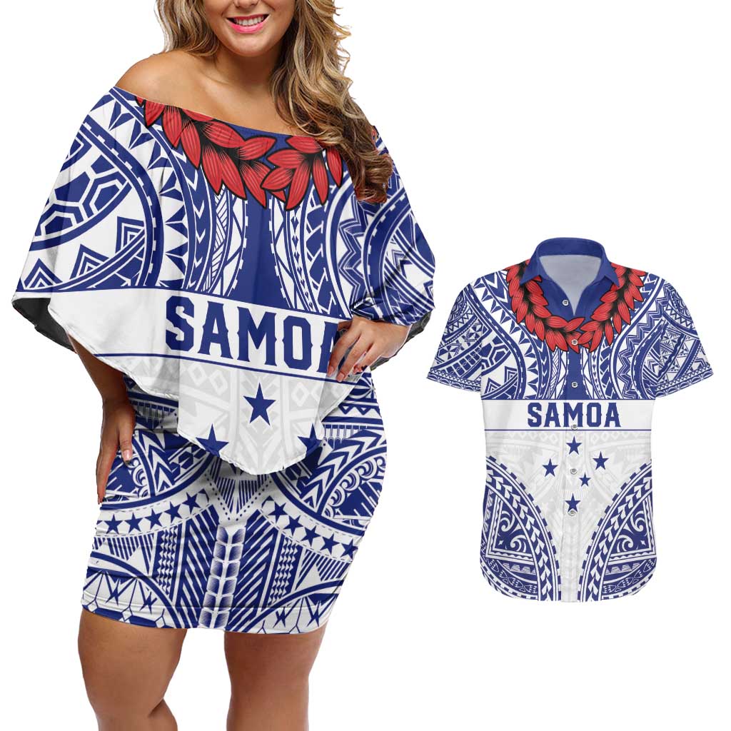 Personalised Toa Samoa Rugby Spirit Couples Matching Off Shoulder Short Dress and Hawaiian Shirt White Samoan Tribal Pattern - Polynesian Pride