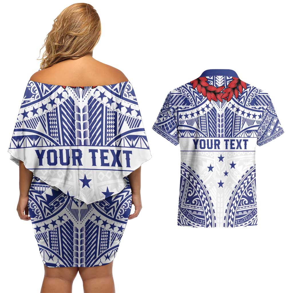Personalised Toa Samoa Rugby Spirit Couples Matching Off Shoulder Short Dress and Hawaiian Shirt White Samoan Tribal Pattern - Polynesian Pride