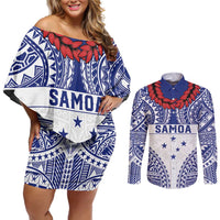 Personalised Toa Samoa Rugby Spirit Couples Matching Off Shoulder Short Dress and Long Sleeve Button Shirt White Samoan Tribal Pattern - Polynesian Pride