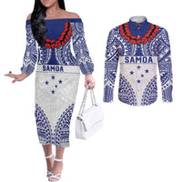 Personalised Toa Samoa Rugby Spirit Couples Matching Off The Shoulder Long Sleeve Dress and Long Sleeve Button Shirt White Samoan Tribal Pattern - Polynesian Pride