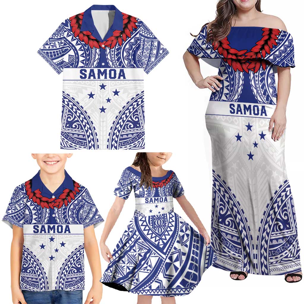 Personalised Toa Samoa Rugby Spirit Family Matching Off Shoulder Maxi Dress and Hawaiian Shirt White Samoan Tribal Pattern - Polynesian Pride