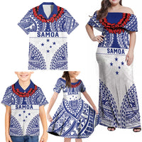 Personalised Toa Samoa Rugby Spirit Family Matching Off Shoulder Maxi Dress and Hawaiian Shirt White Samoan Tribal Pattern - Polynesian Pride