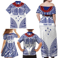 Personalised Toa Samoa Rugby Spirit Family Matching Off Shoulder Maxi Dress and Hawaiian Shirt White Samoan Tribal Pattern - Polynesian Pride