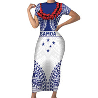 Personalised Toa Samoa Rugby Spirit Family Matching Short Sleeve Bodycon Dress and Hawaiian Shirt White Samoan Tribal Pattern - Polynesian Pride