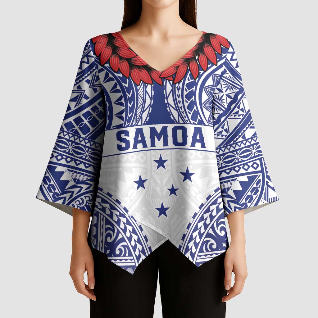 Personalised Toa Samoa Rugby Spirit Kimono Sleeve Blouse White Samoan Tribal Pattern - Polynesian Pride