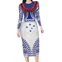 Personalised Toa Samoa Rugby Spirit Long Sleeve Bodycon Dress White Samoan Tribal Pattern - Polynesian Pride