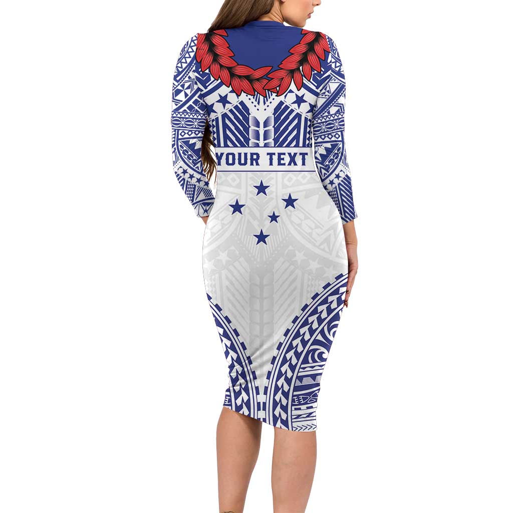 Personalised Toa Samoa Rugby Spirit Long Sleeve Bodycon Dress White Samoan Tribal Pattern - Polynesian Pride