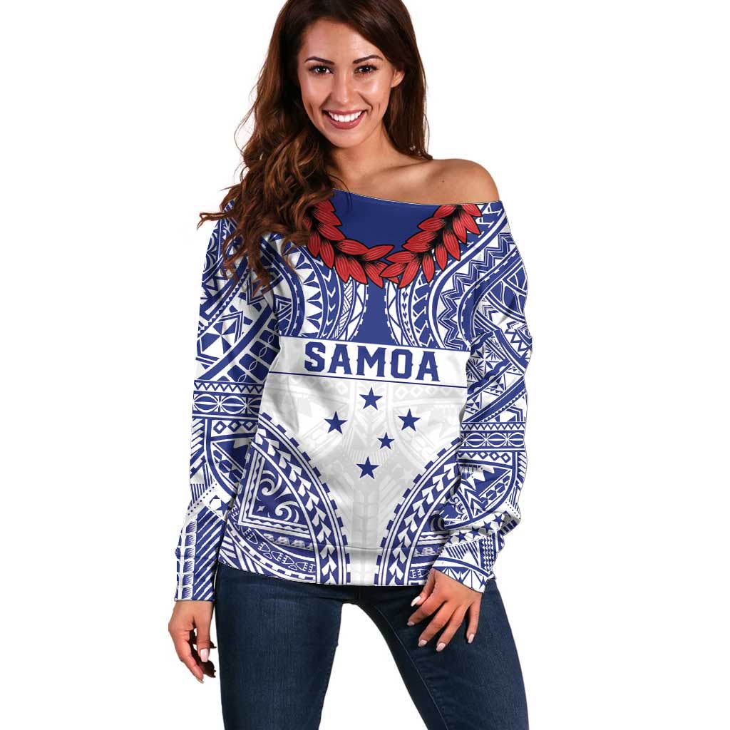 Personalised Toa Samoa Rugby Spirit Off Shoulder Sweater White Samoan Tribal Pattern - Polynesian Pride