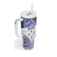 Personalised Toa Samoa Rugby Spirit Tumbler With Handle White Samoan Tribal Pattern - Polynesian Pride
