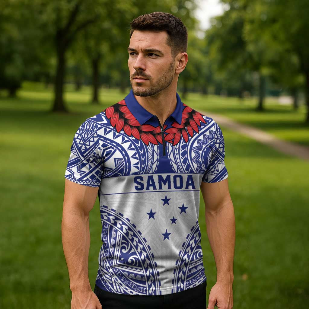 Personalised Toa Samoa Rugby Spirit Zipper Polo Shirt White Samoan Tribal Pattern - Polynesian Pride