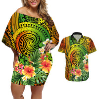 Polynesia Couples Matching Off Shoulder Short Dress and Hawaiian Shirt Pasifika Tribal with Tropical Flowers LT9 Reggae - Polynesian Pride