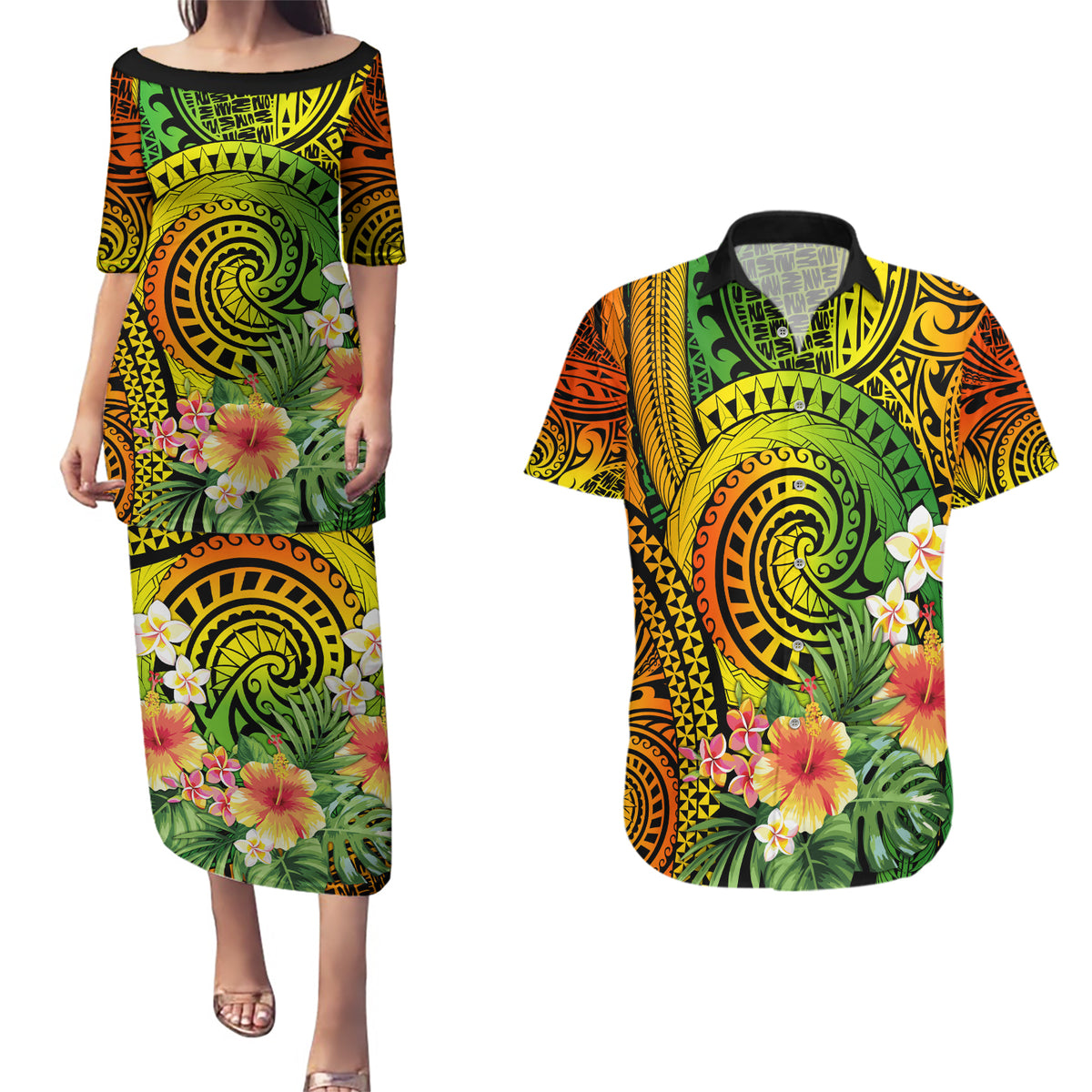 Polynesia Couples Matching Puletasi Dress and Hawaiian Shirt Pasifika Tribal with Tropical Flowers LT9 Reggae - Polynesian Pride