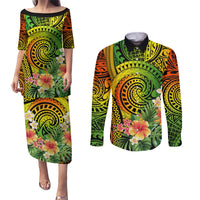 Polynesia Couples Matching Puletasi Dress and Long Sleeve Button Shirt Pasifika Tribal with Tropical Flowers LT9 Reggae - Polynesian Pride