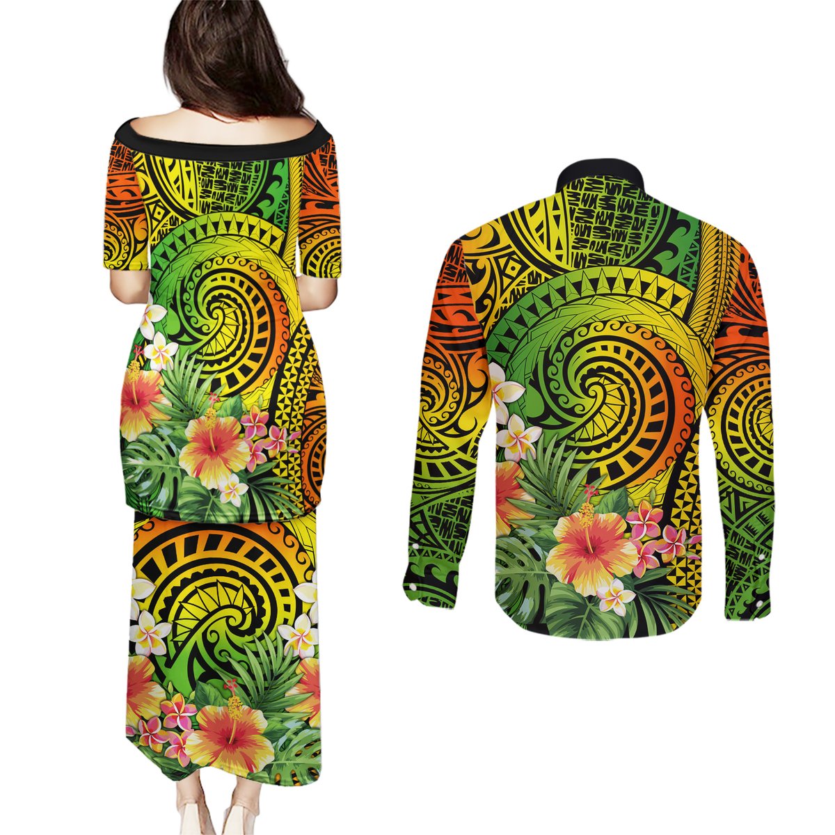 Polynesia Couples Matching Puletasi Dress and Long Sleeve Button Shirt Pasifika Tribal with Tropical Flowers LT9 - Polynesian Pride