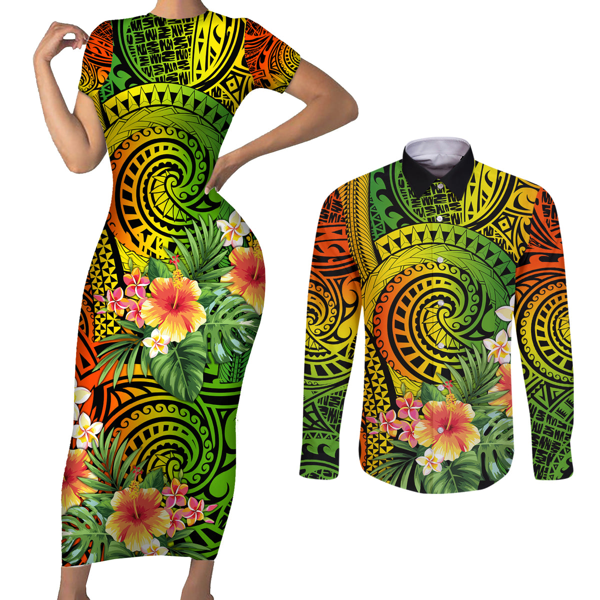 Polynesia Couples Matching Short Sleeve Bodycon Dress and Long Sleeve Button Shirt Pasifika Tribal with Tropical Flowers LT9 Reggae - Polynesian Pride