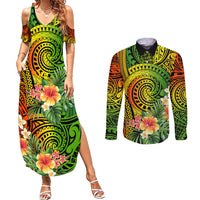 Polynesia Couples Matching Summer Maxi Dress and Long Sleeve Button Shirt Pasifika Tribal with Tropical Flowers LT9 Reggae - Polynesian Pride