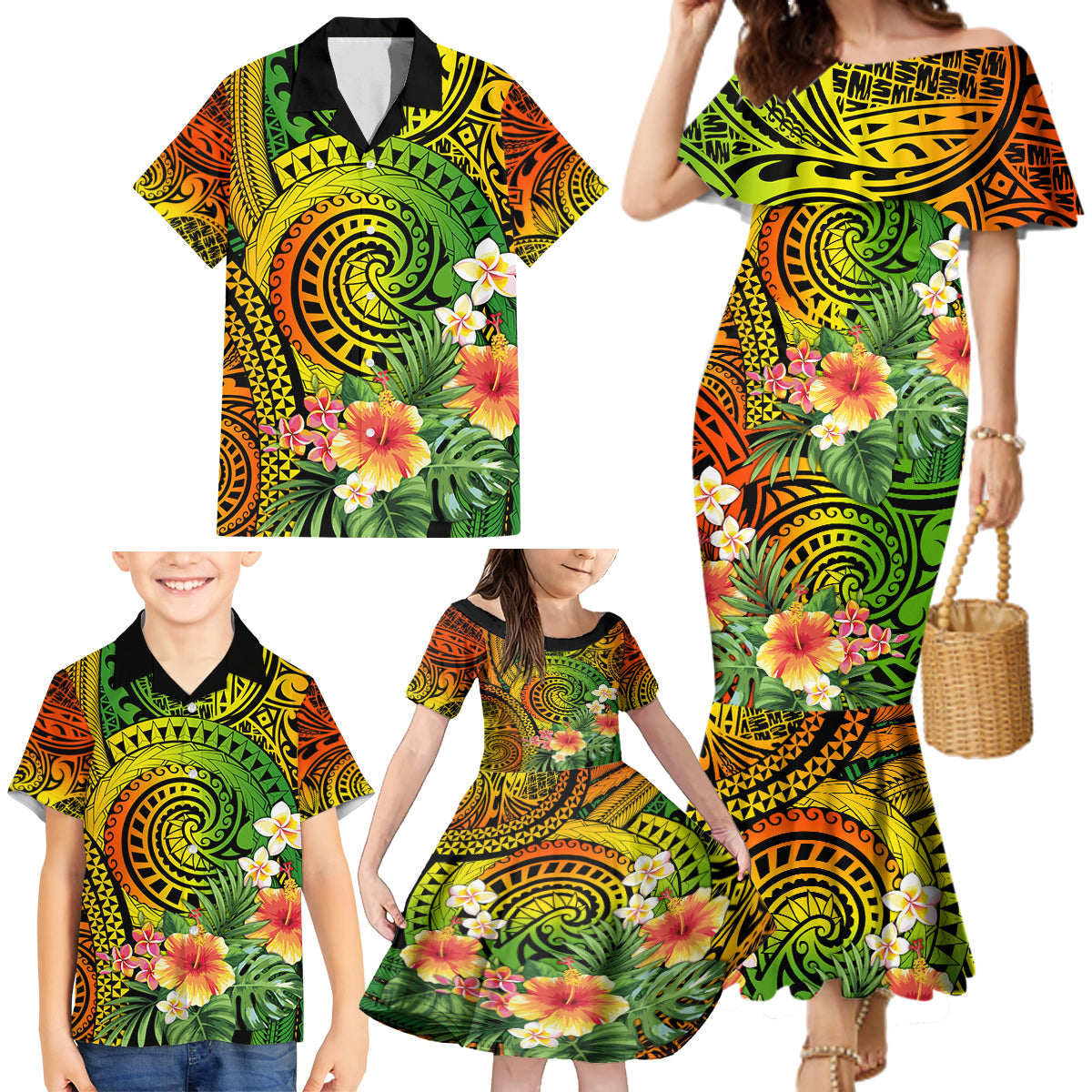Polynesia Family Matching Mermaid Dress and Hawaiian Shirt Pasifika Tribal with Tropical Flowers LT9 - Polynesian Pride