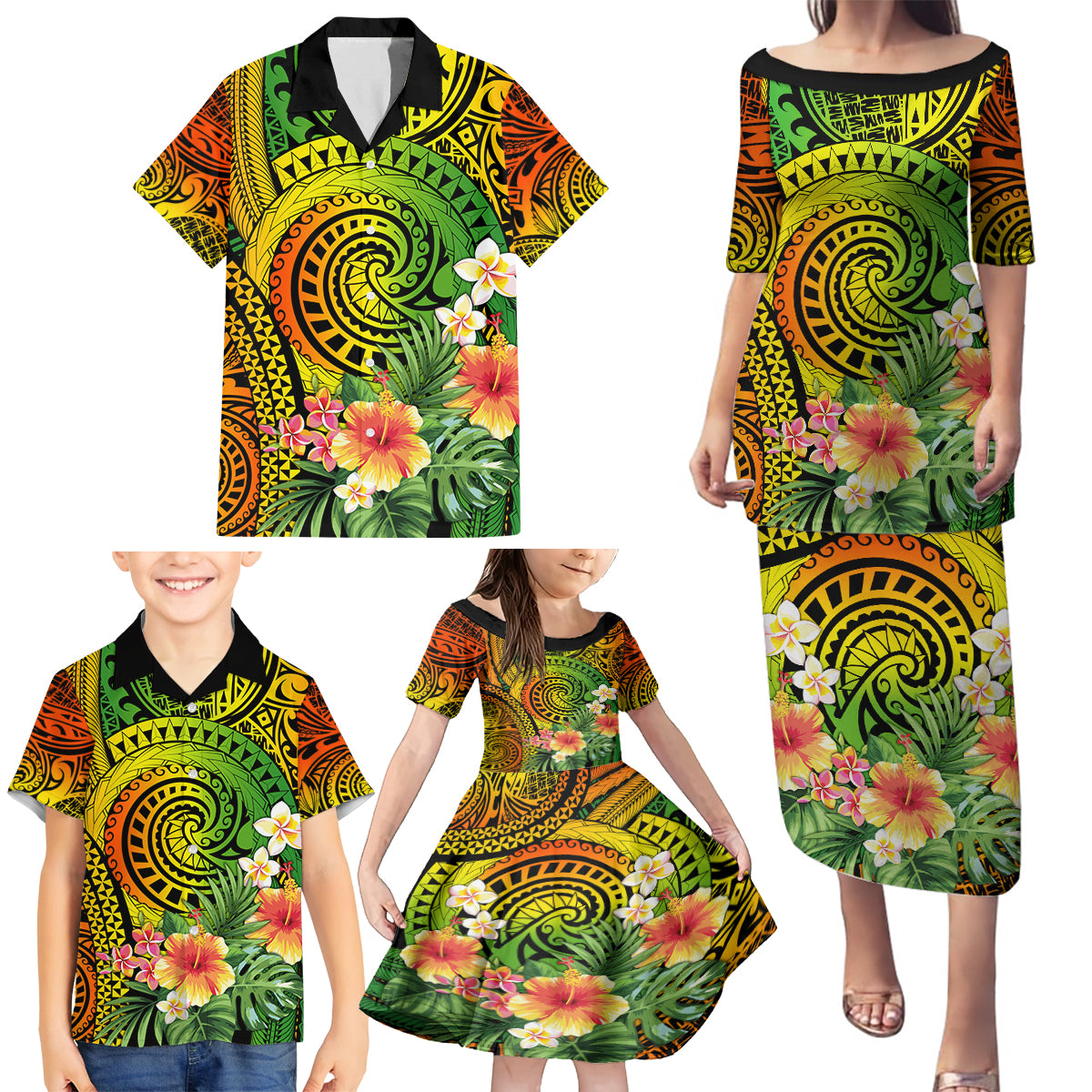 Polynesia Family Matching Puletasi Dress and Hawaiian Shirt Pasifika Tribal with Tropical Flowers LT9 - Polynesian Pride