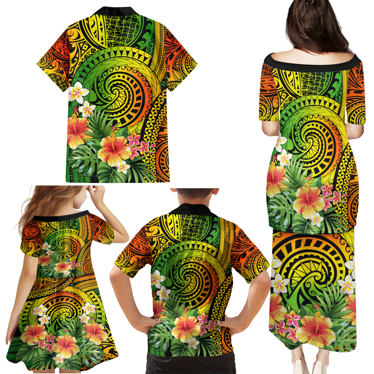 Polynesia Family Matching Puletasi Dress and Hawaiian Shirt Pasifika Tribal with Tropical Flowers LT9 - Polynesian Pride
