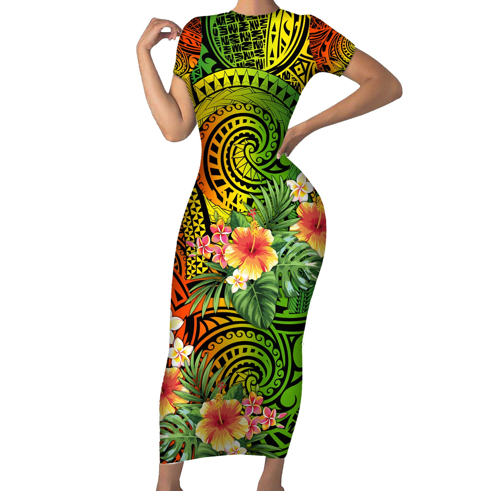 Polynesia Short Sleeve Bodycon Dress Pasifika Tribal with Tropical Flowers LT9 Long Dress Reggae - Polynesian Pride