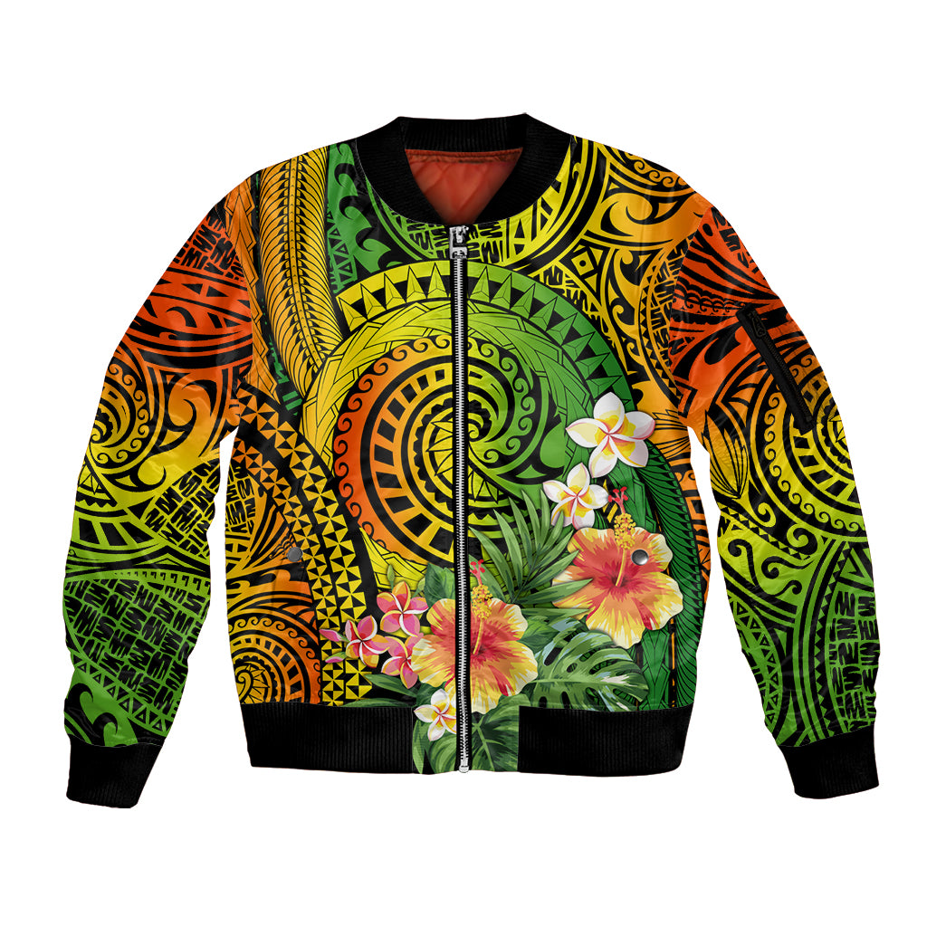 Polynesia Sleeve Zip Bomber Jacket Pasifika Tribal with Tropical Flowers LT9 Unisex Reggae - Polynesian Pride