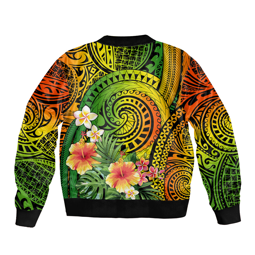 Polynesia Sleeve Zip Bomber Jacket Pasifika Tribal with Tropical Flowers LT9 - Polynesian Pride