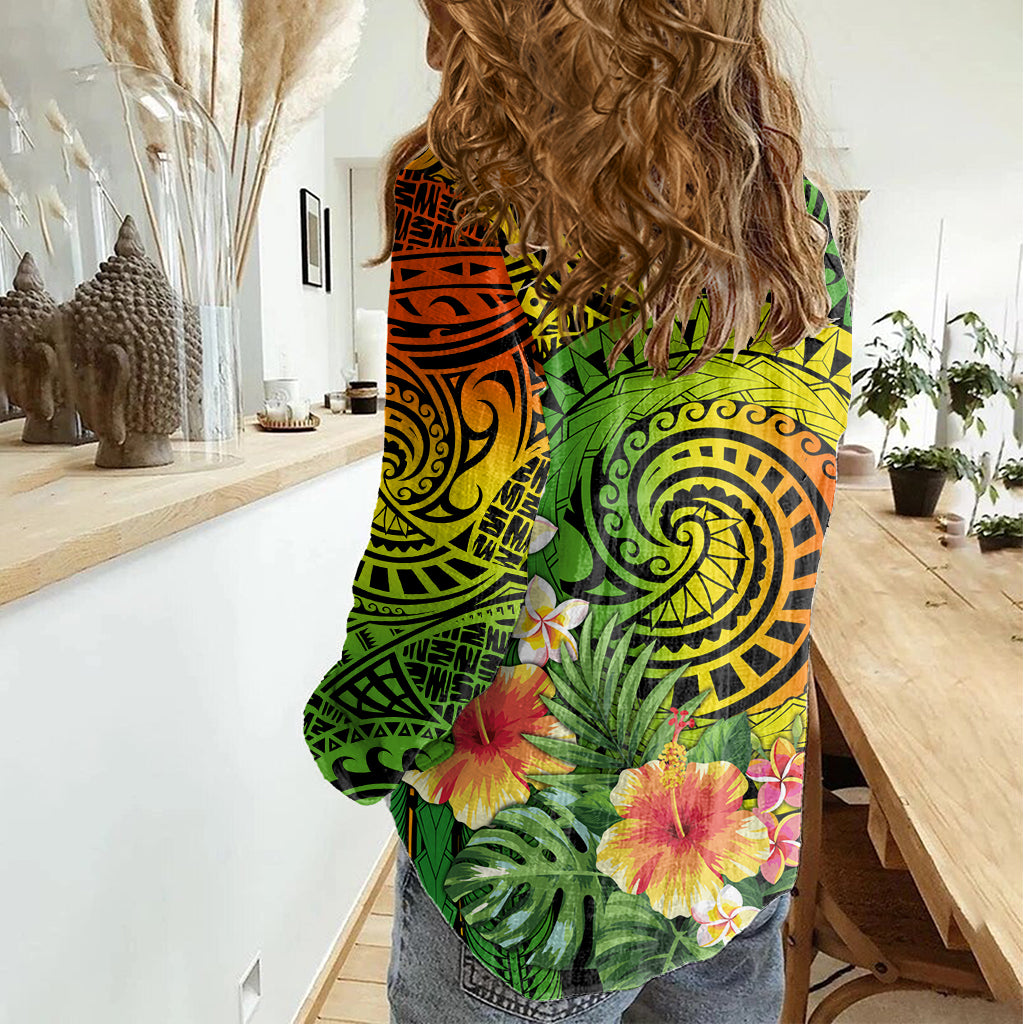 Polynesia Women Casual Shirt Pasifika Tribal with Tropical Flowers LT9 - Polynesian Pride
