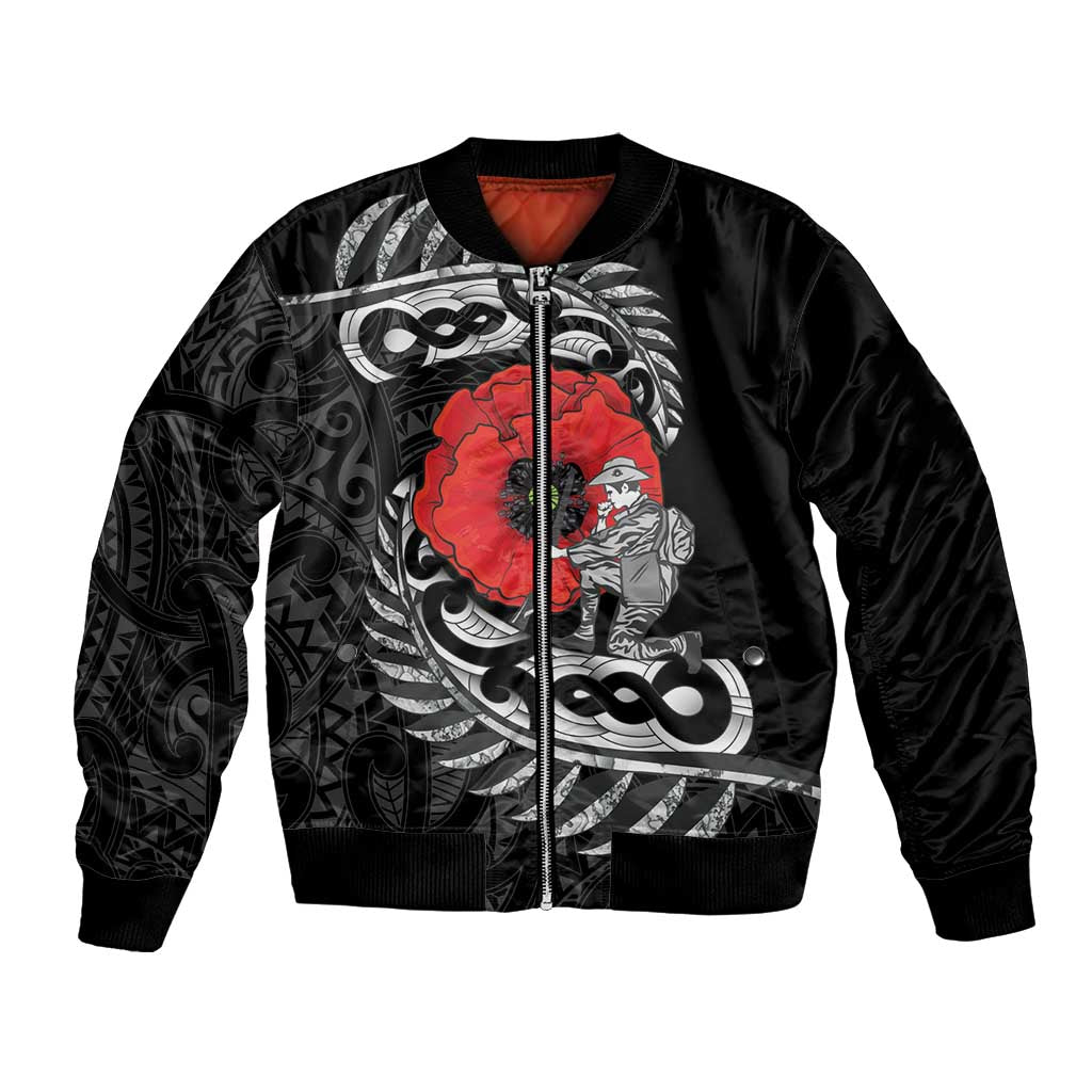 ANZAC Day Aotearoa Silver Fern Maori Personalised Bomber Jacket LT9 Unisex Black - Polynesian Pride