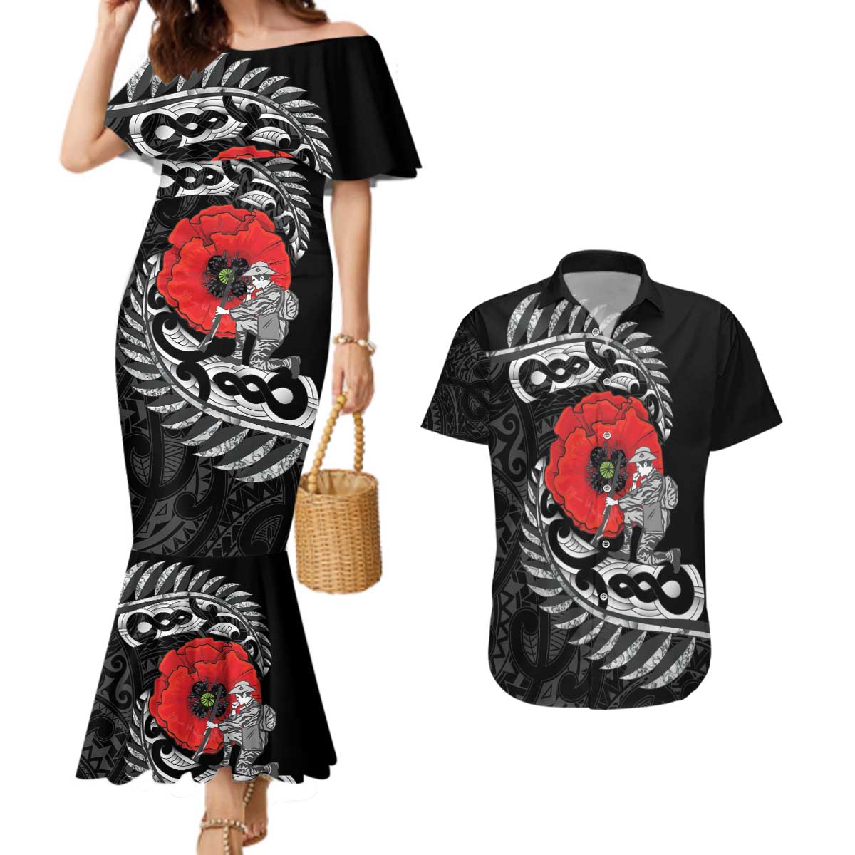 ANZAC Day Aotearoa Silver Fern Maori Personalised Couples Matching Mermaid Dress and Hawaiian Shirt