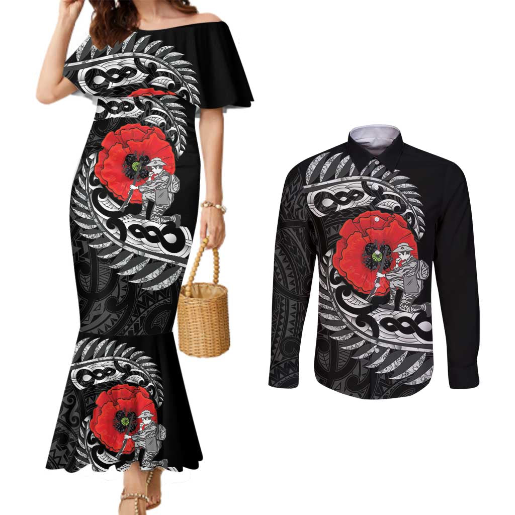 ANZAC Day Aotearoa Silver Fern Maori Personalised Couples Matching Mermaid Dress and Long Sleeve Button Shirt