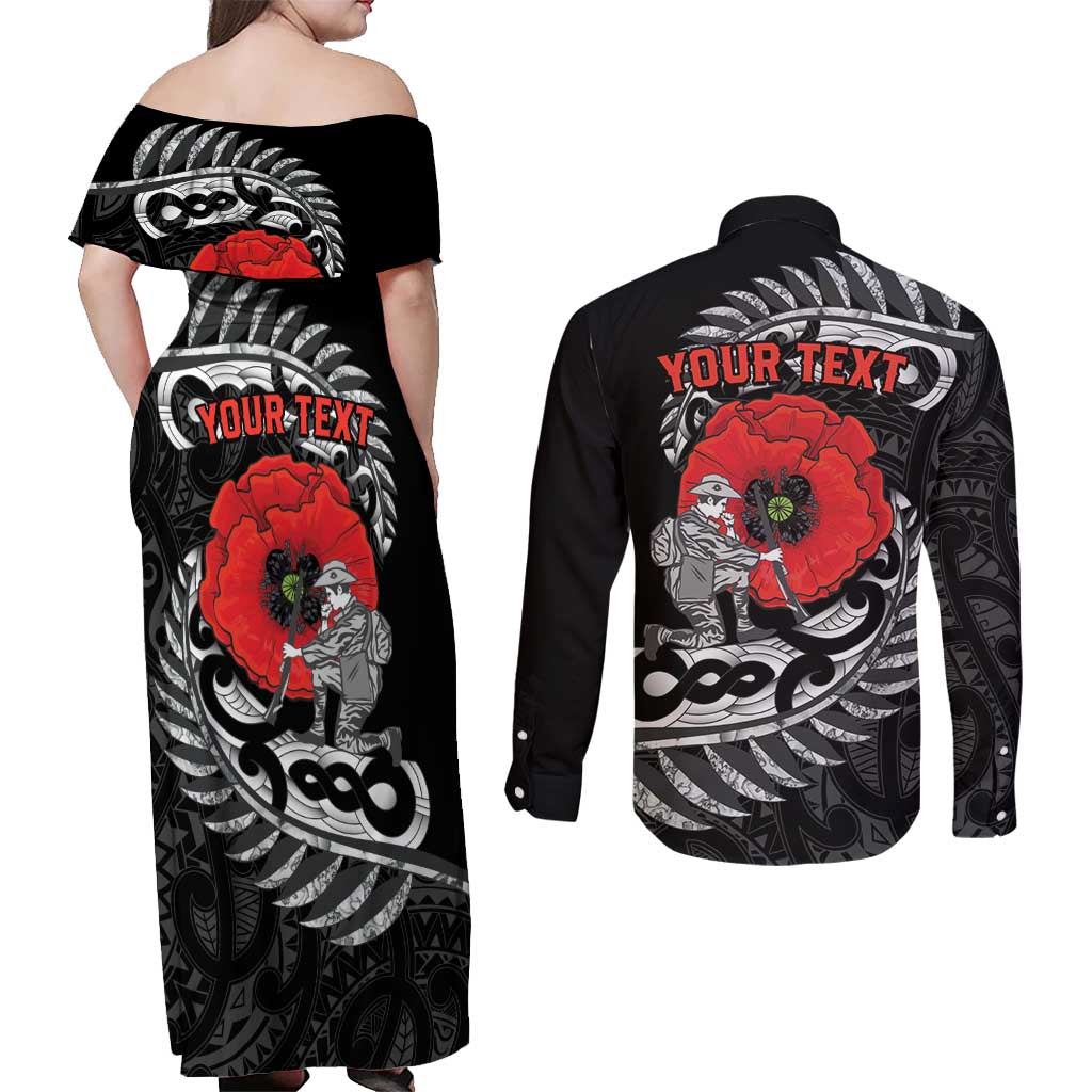 ANZAC Day Aotearoa Silver Fern Maori Personalised Couples Matching Off Shoulder Maxi Dress and Long Sleeve Button Shirt