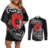 ANZAC Day Aotearoa Silver Fern Maori Personalised Couples Matching Off Shoulder Short Dress and Long Sleeve Button Shirt