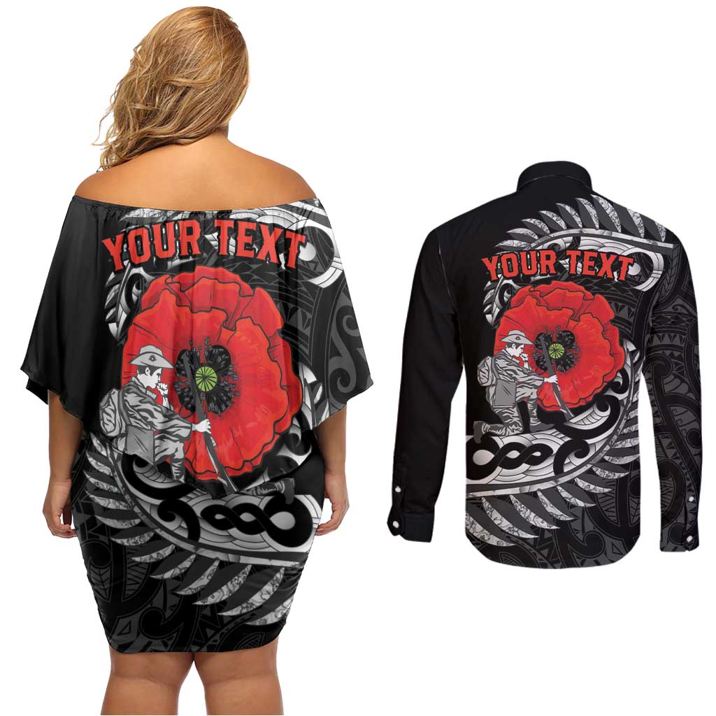 ANZAC Day Aotearoa Silver Fern Maori Personalised Couples Matching Off Shoulder Short Dress and Long Sleeve Button Shirt