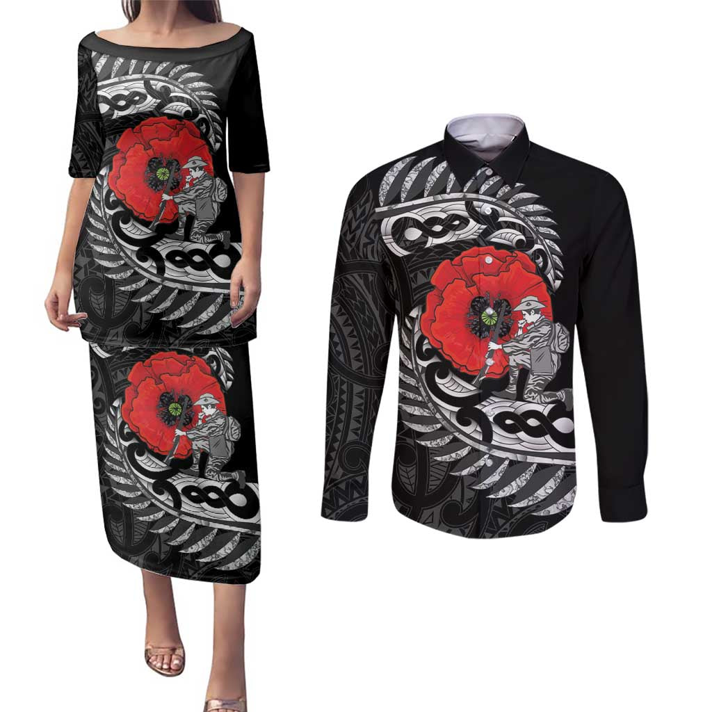ANZAC Day Aotearoa Silver Fern Maori Personalised Couples Matching Puletasi and Long Sleeve Button Shirt